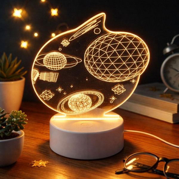 LED 3D лампа „Галактика“ – акрилен космически дизайн с планети, мека нощна светлина и USB захранване